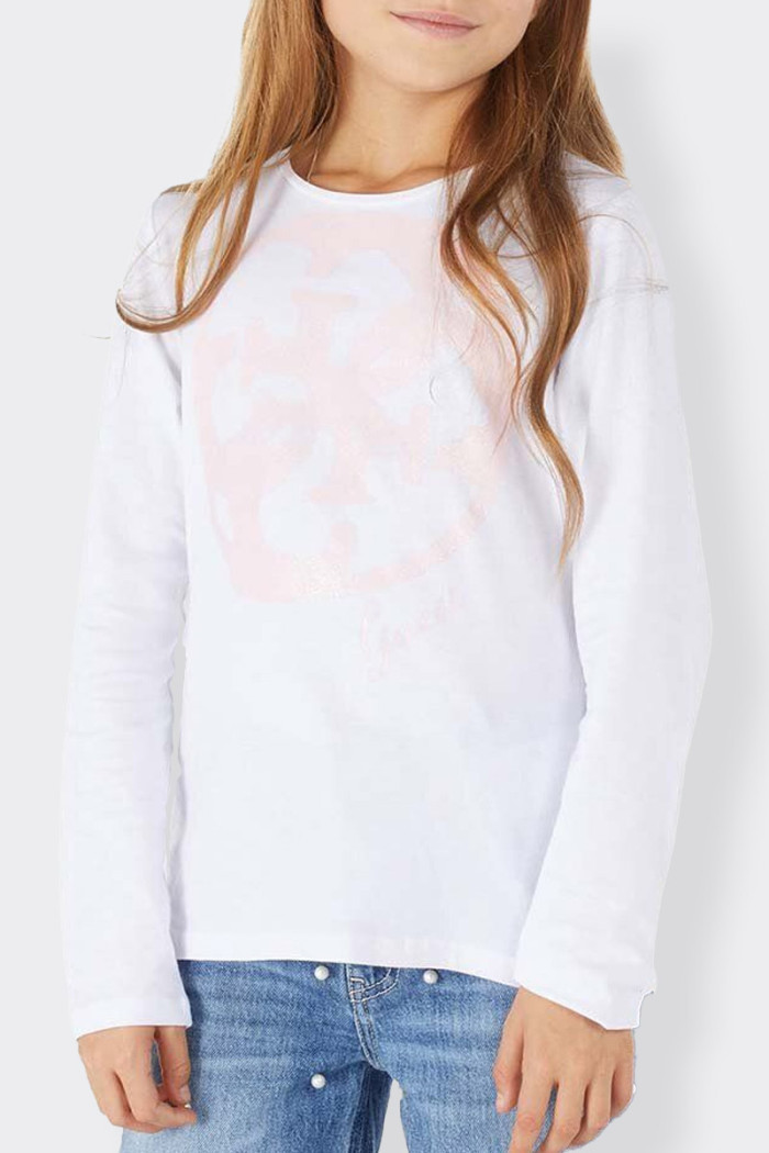 Girl's long-sleeved T-shirt made of 100% cotton. Crew neck and contrasting logo detail on the front with glitter effect. regular