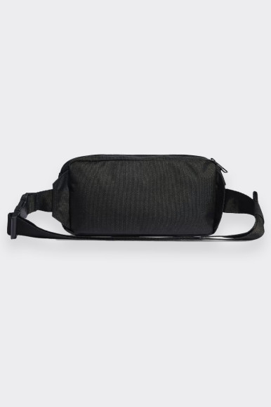Black unisex sports pouch made of canvas. Double zipped pocket, adjustable belt with buckle. Contrasting maxi logo on front. Dim