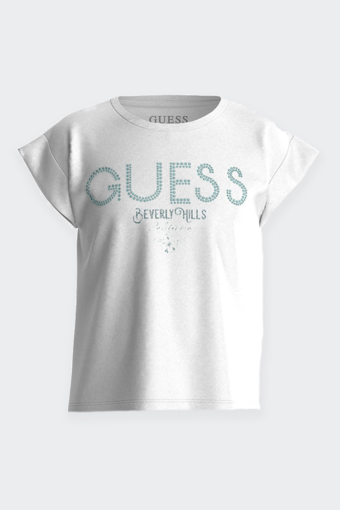 Girl's crew-neck T-shirt in cotton blend. Short sleeves and rhinestone logo detail on front. regular fit.
