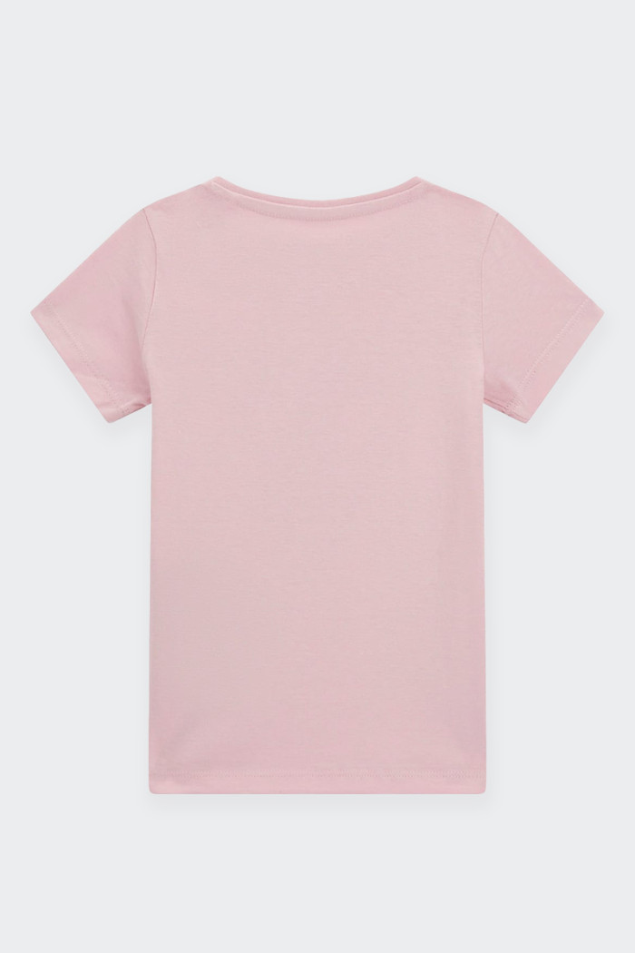Girl's short-sleeved T-shirt made of 100% organic cotton. Crew neck and logo detail with laminated effect for a bright and fashi