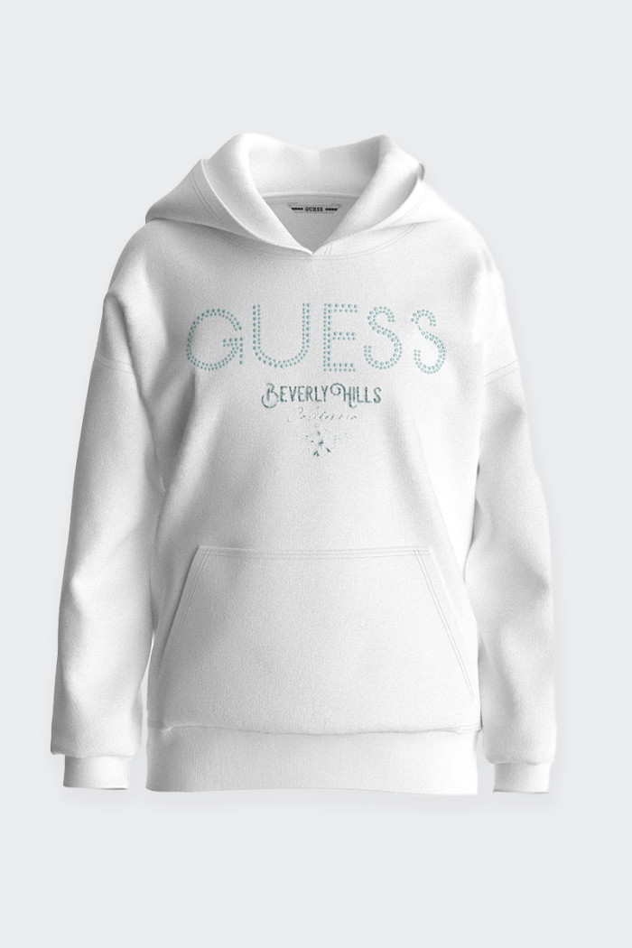 Girl's hooded sweatshirt made of 100% cotton and gauzed interior. Front pouch pocket and rhinestone logo detail. regular fit.