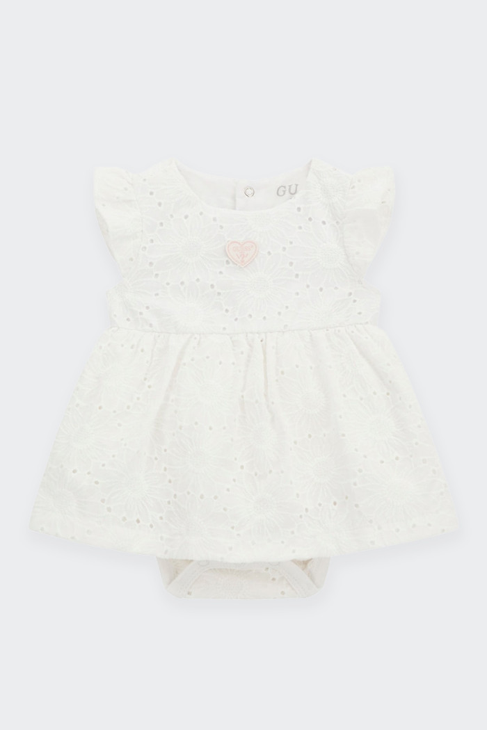 baby girl set dress with ruffle straps, back and panty fastening with convenient snap buttons. embroidered heart logo on front. 