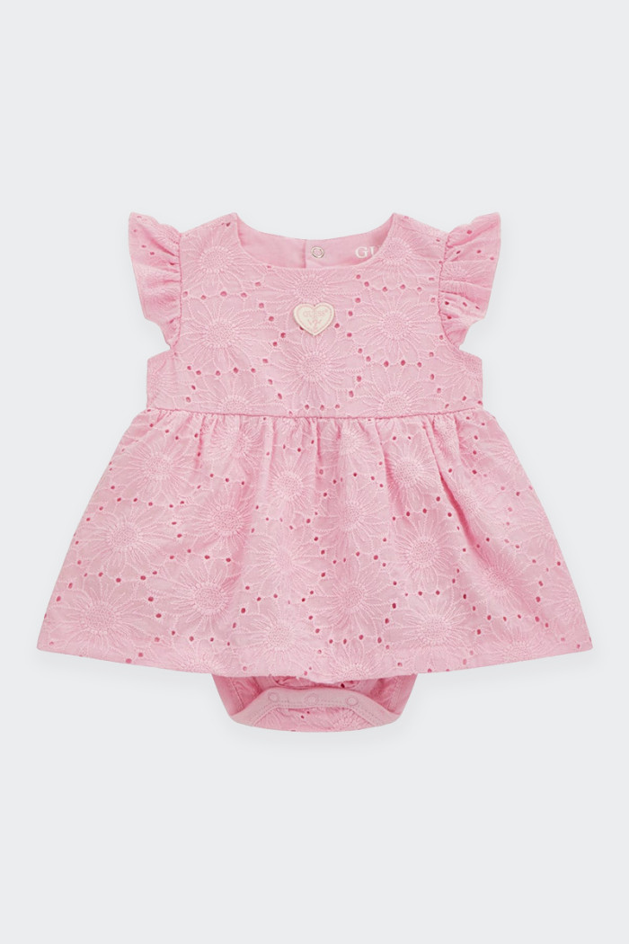 baby girl set dress with ruffle straps, back and panty fastening with convenient snap buttons. embroidered heart logo on front. 