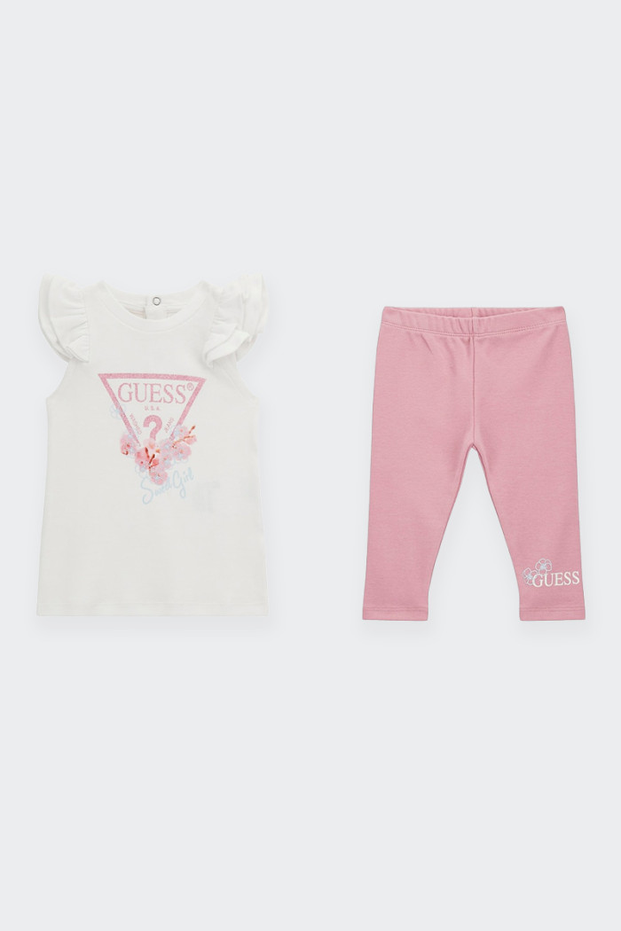 complete baby set made of 100% cotton consisting of: short-sleeved t-shirt, back button fastening, front logo glitter effect. Le