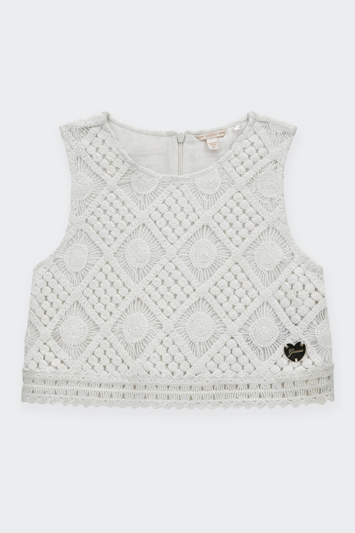 Girl's top ideal for special occasions. Made with a macramé fabric detail and embellished with a gold-coloured metal logo, this 