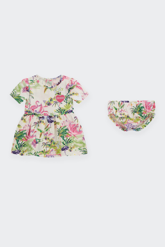 cotton baby dress and panty set in a delicate print. this baby dress features an embroidered logo on the front and a cut-out wai