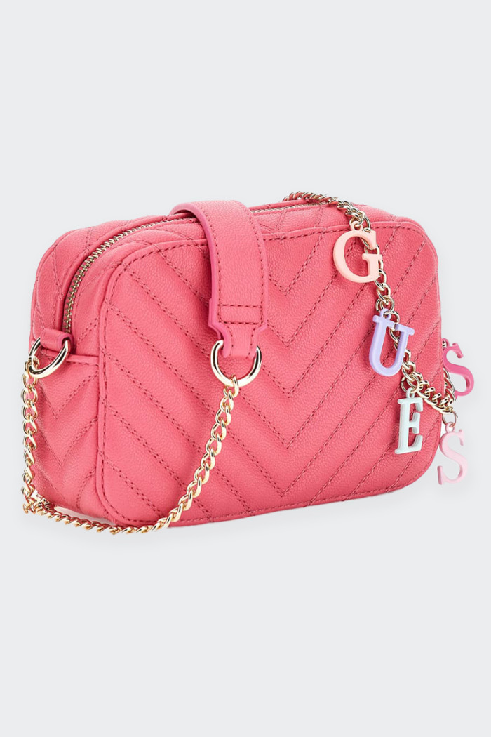 mini girl's leatherette shoulder bag with hammered effect. central zip fastener and chain with multicoloured lettering logo. pra
