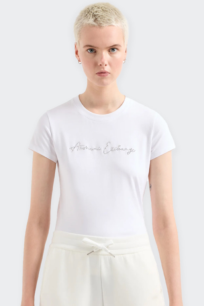 Women's slim fit T-shirt made of stretch cotton jersey and personalised with a lettering logo composed of bright glitter. The mo