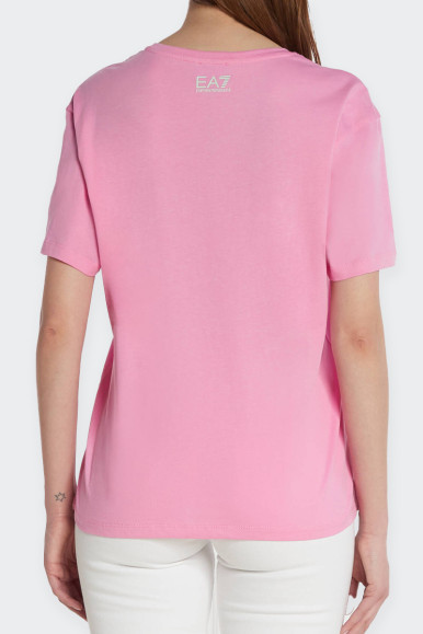 t-shirt Emportio Armani EA7 da donna a maniche corte realizzata in 100% cotone. Girocollo ampio e logo stampa. vestibilità regol
