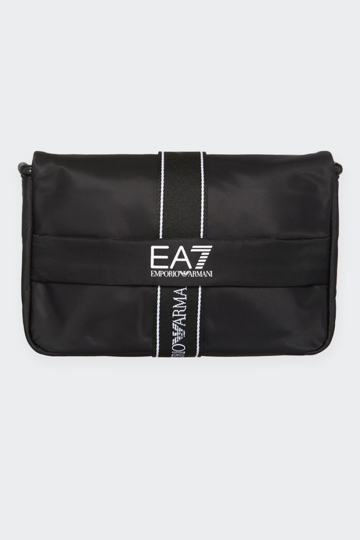 A functional shoulder bag made of synthetic fabric. It closes with a buckle and features a logo stripe on the front panel. A pra