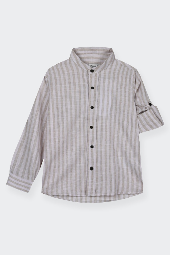 camicia Energiers a righe da bambino realizzata in 100% cotone. colletto alla coreana, taglio regolare e maniche riavvolgibili c
