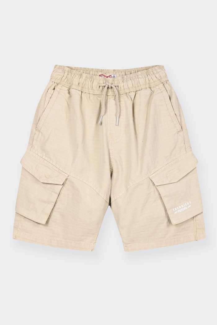 children's cargo bermuda shorts made from cotton. adjustable drawstring waist, side and back pockets and the iconic cargo pocket