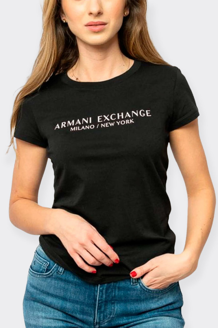 Armani Exchange SLIM FIT T-SHIRT WITH MILANO NEW YORK LOGO BLACK