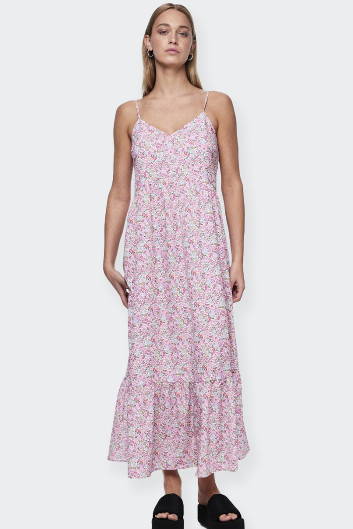 lightweight women's long dress. With a V-neck and sleeveless, this women's dress is perfect for special occasions. The ankle len
