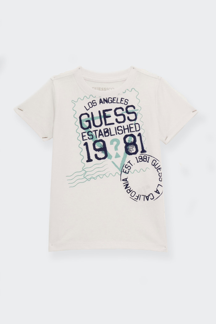 Guess WHITE FRONT PRINT CREW-NECK T-SHIRT