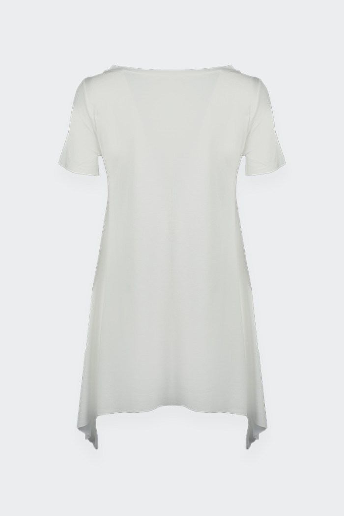 Oversized asymmetrical t-shirt for women. Featuring raw-cut sleeves and bottom. Small side slits. Casual style.