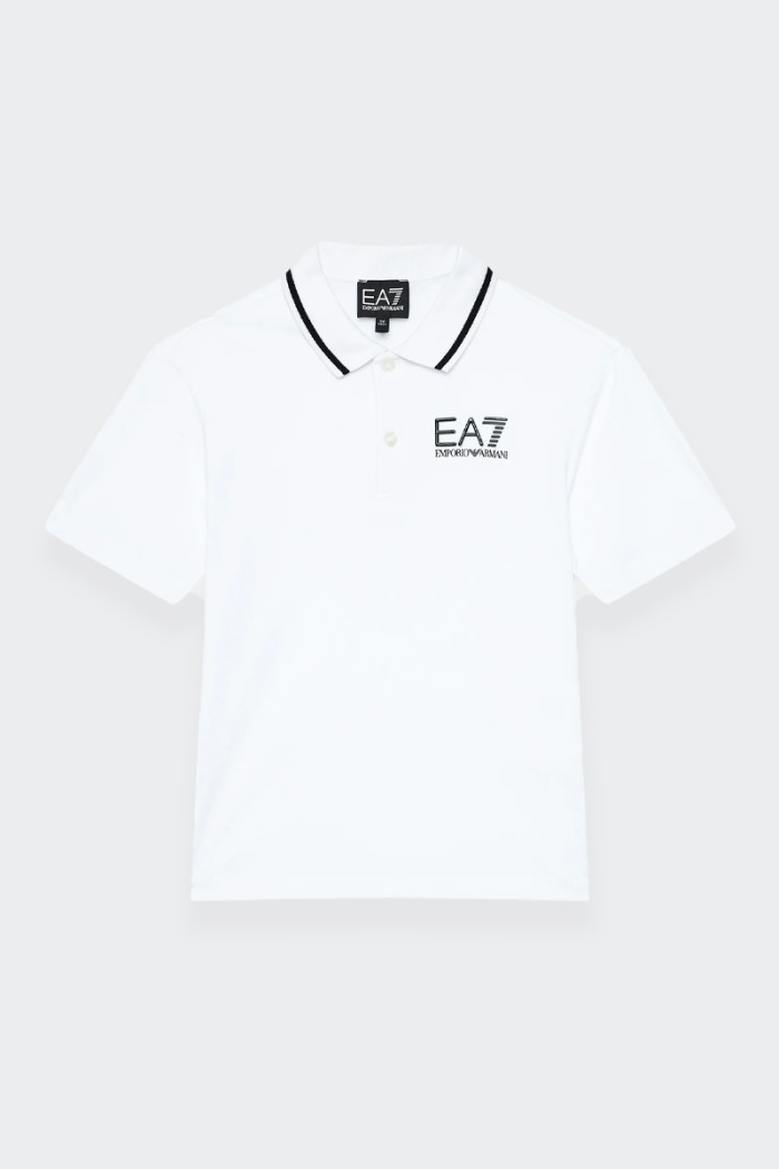 Emporio Armani EA7 children's polo shirt with short sleeves, two-button placket and contrasting collar profile. With its heart p