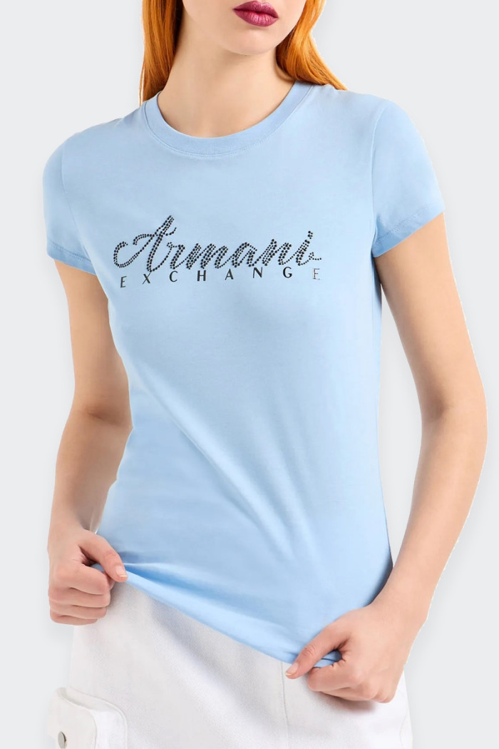 Armani Exchange SLIM FIT T-SHIRT WITH RHINESTONE LOGO LIGHT BLUE