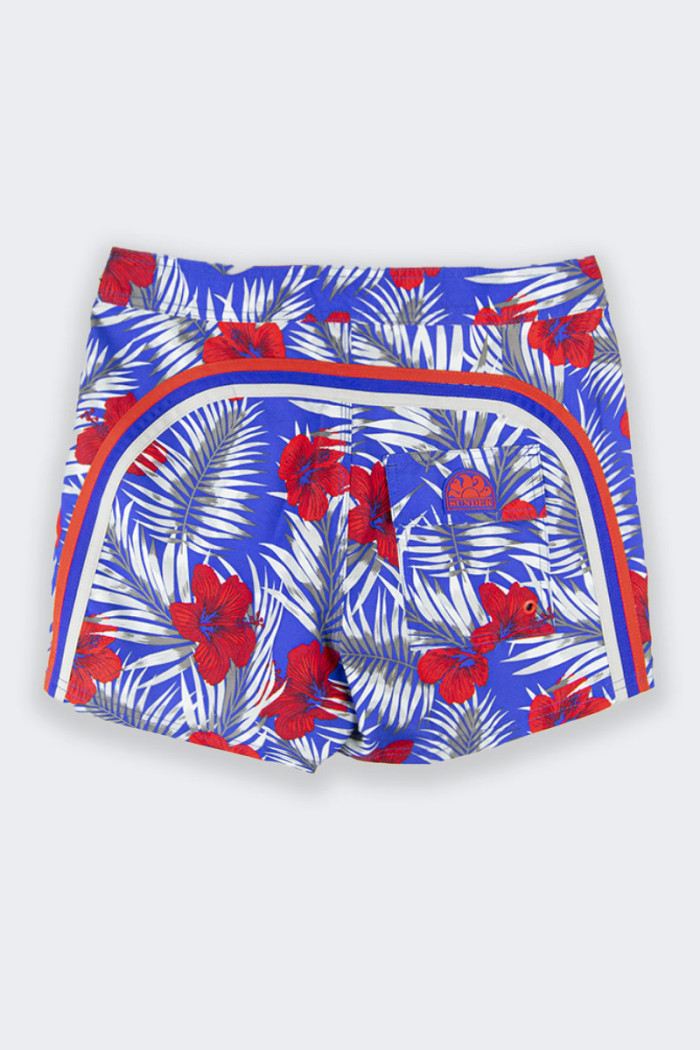 all-flower weave men's swim boxer shorts with lace-up fastening and handy Velcro back pocket perfect for colouring your holiday.