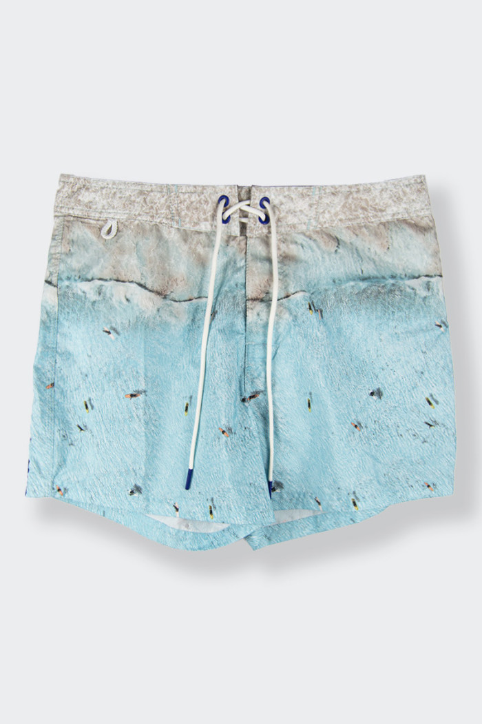 men's swim boxer shorts with all-over beach-themed print on lace-up fastener with handy Velcro-fastening back pocket perfect for