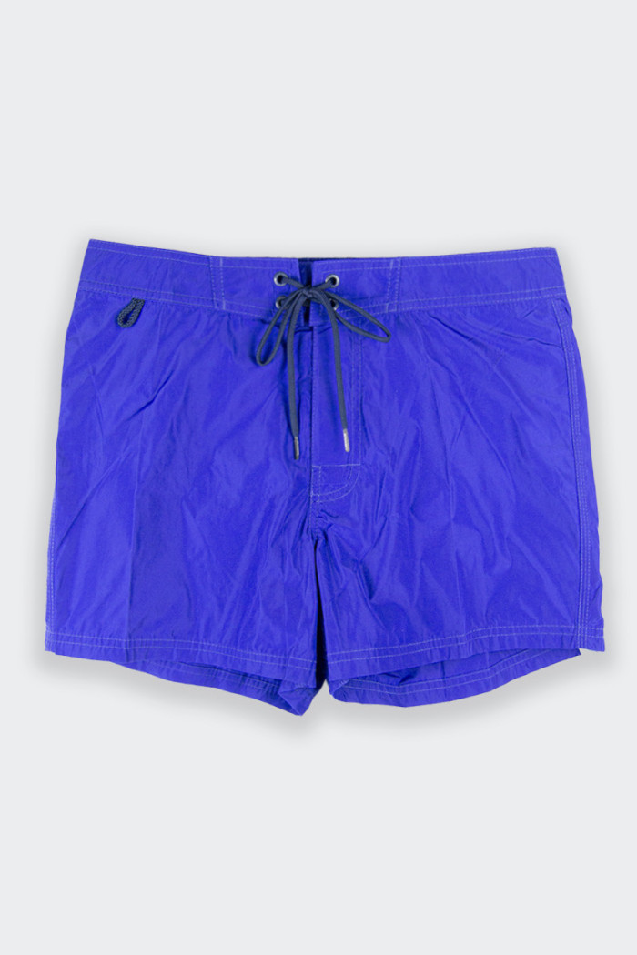 blue men's swim boxer shorts with contrasting stripes lace-up closure with handy Velcro back pocket perfect for colouring your h