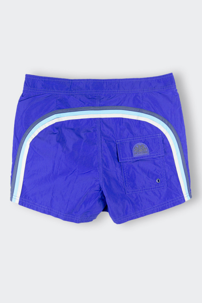 blue men's swim boxer shorts with contrasting stripes lace-up closure with handy Velcro back pocket perfect for colouring your h