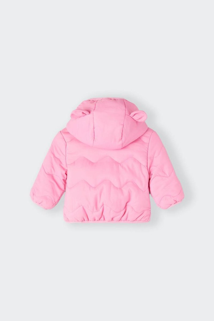 giacca rosa 100 grammi da neonato con pratica chiusura a zip e cappuccio con graziose orecchie applicate. comode tasche laterali