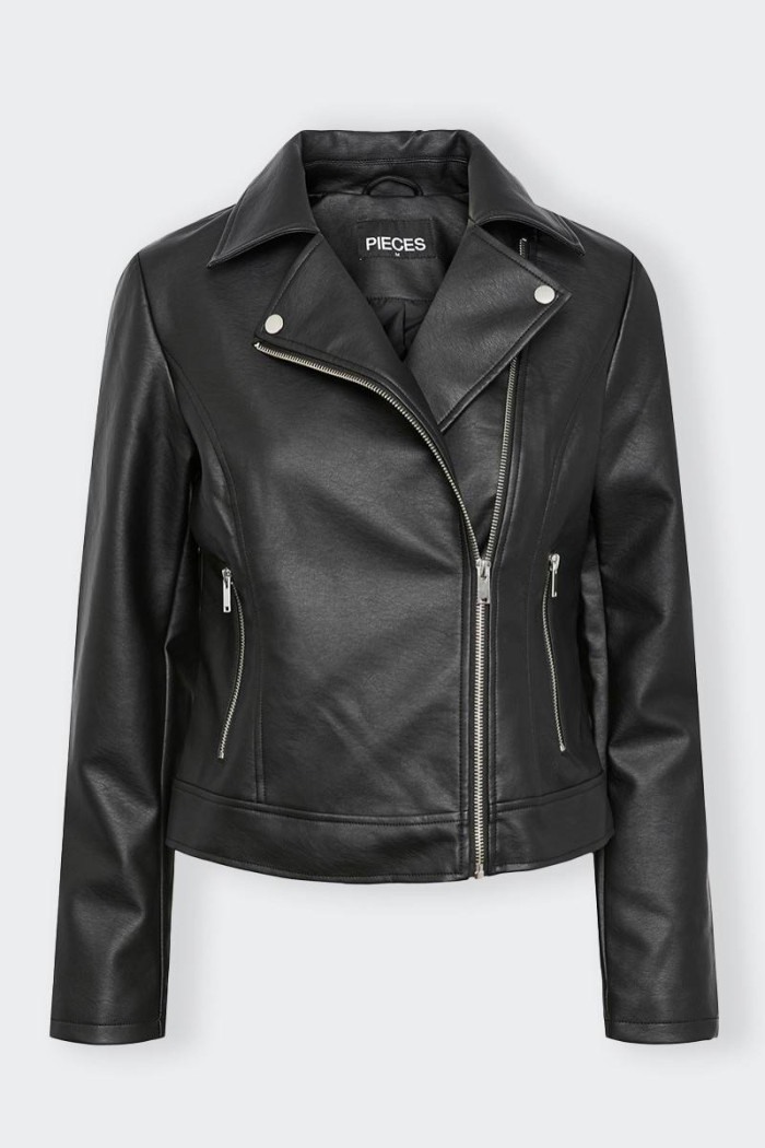 Leather biker jacket. Features side pockets and zip closure. Ideal to complete your look bold and gritty.