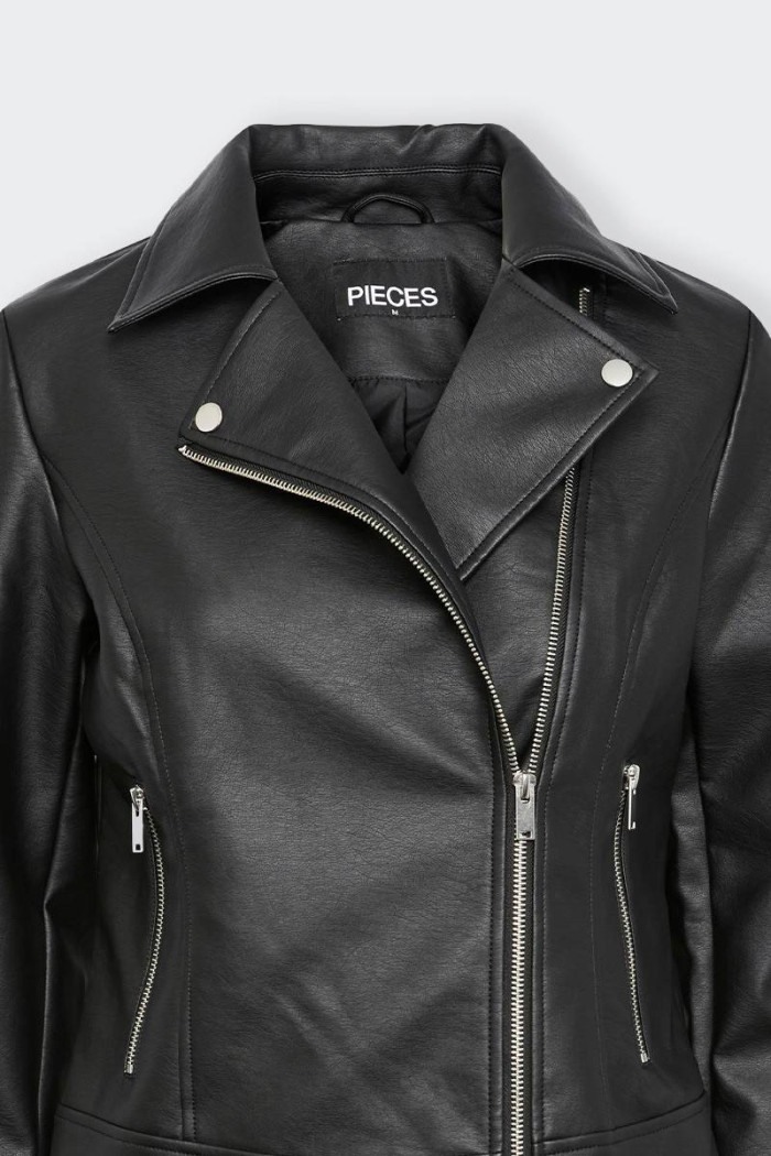 Leather biker jacket. Features side pockets and zip closure. Ideal to complete your look bold and gritty.