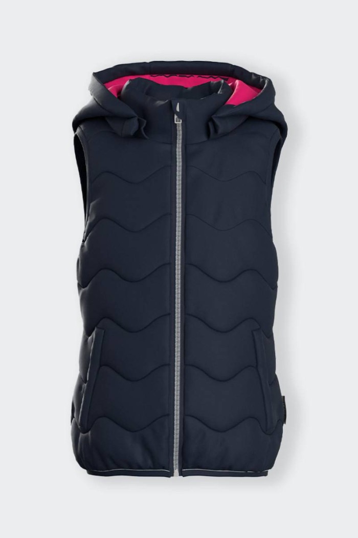 padded sleeveless jacket for girls with comfortable removable hood, side pockets and practical front zip fastening. a great ally