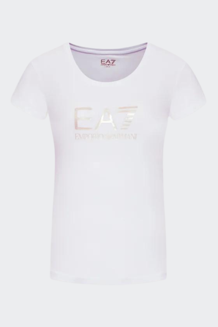 T-shirt Emporio Armani EA7 a girocollo a maniche corte da donna. Caratterizzata dalla scritta logo dorata sul fronte e sul retro