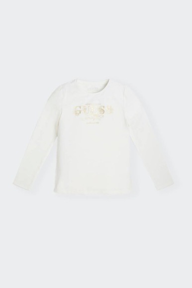 WHITE LONG-SLEEVED T-SHIRT FRONT LOGO KIDS GUESS 