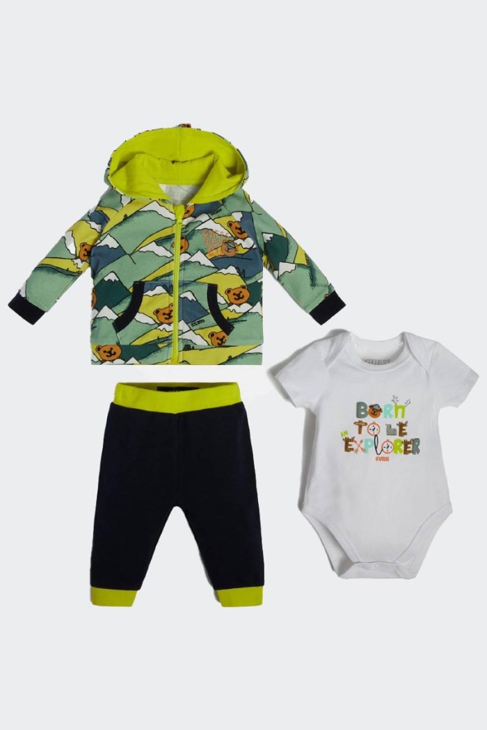 regular fit cotton baby set consisting of: hooded sweatshirt with practical kangaroo pockets and elasticated ribbed cuffs. Trous
