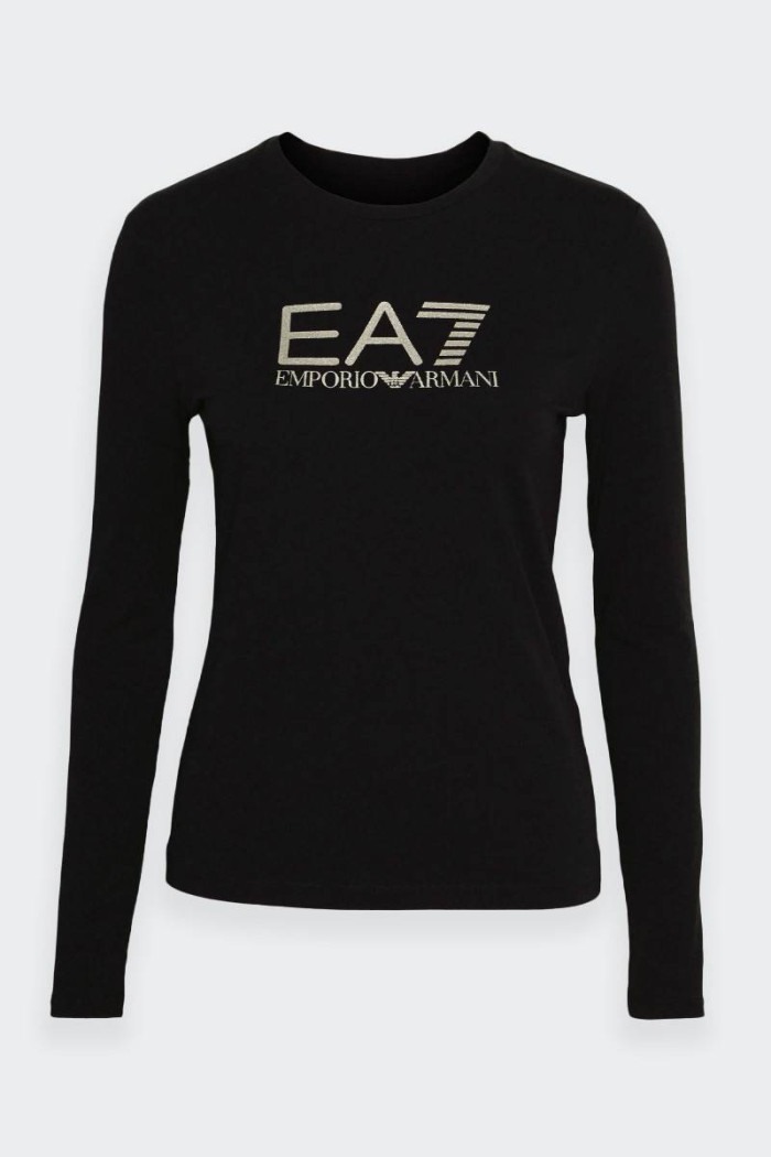 t-shirt Emporio Armani EA7 regular fit in morbido tessuto jersey da donna. Girocollo e dettaglio logo frontale e sulla linea del