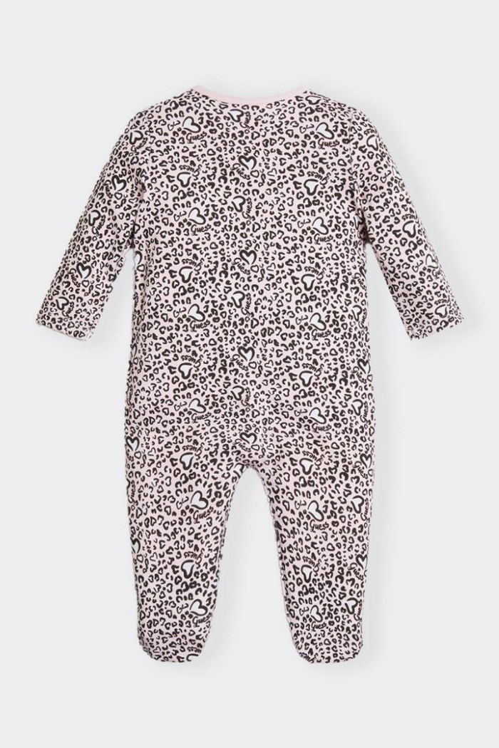 cute regular fit cotton jumpsuit for little ones with animal print. Crew neck with two-colour profile and embroidered heart logo