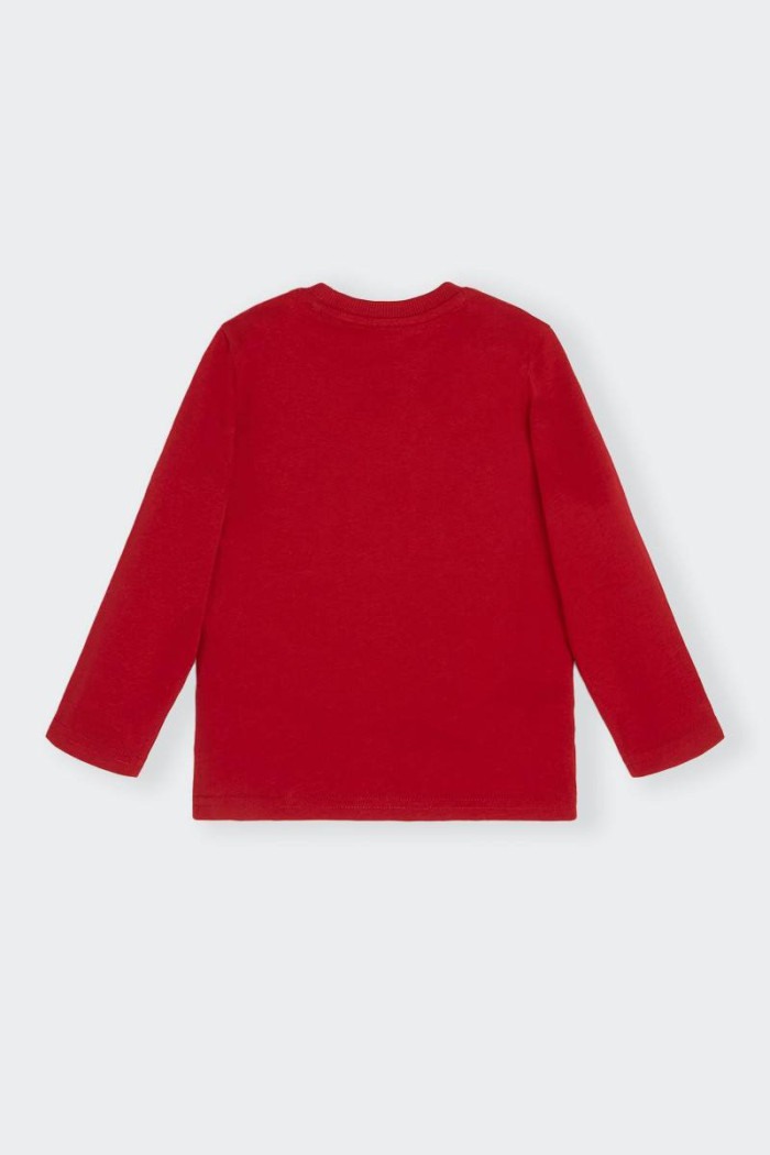 Regular fit children's long-sleeved crew-neck T-shirt with contrasting print on the front and side. A simple and essential garme