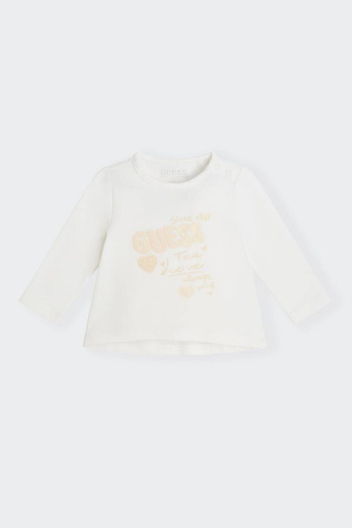 long-sleeved crew-neck t-shirt with loose fit in jersey fabric dedicated to little ones with contrasting logo on the front for a