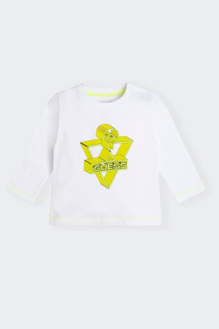 Cute long-sleeved cotton T-shirt for the little ones. Crew neck with practical side clip fastening and contrasting print in a fu
