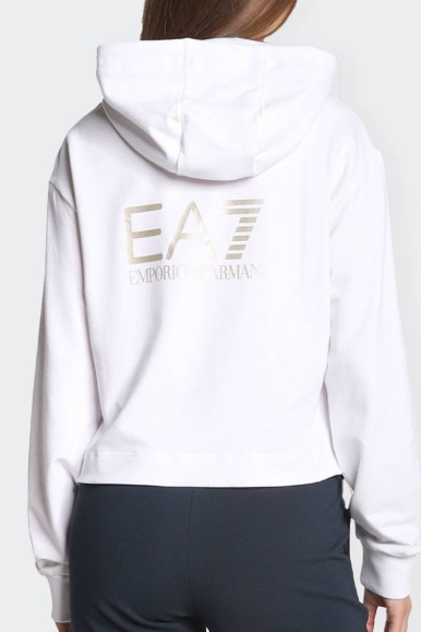 Women's regular fit white hooded sweatshirt with a contemporary and urban design, made of stretch cotton. The model, with a crop