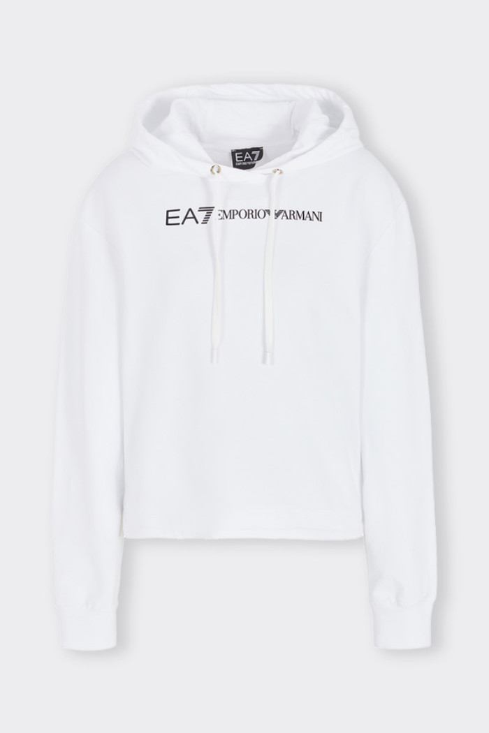 Women's hoodie with a contemporary and urban design, made of stretch cotton. The model, with a cropped cut, is characterized by 