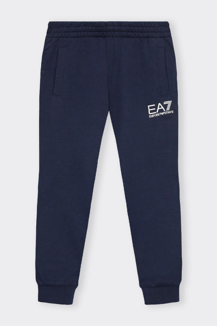 Blue cool cotton sweatpants for boys and girls with drawstring waist and side pockets. Elasticized bottom and applied logo on th