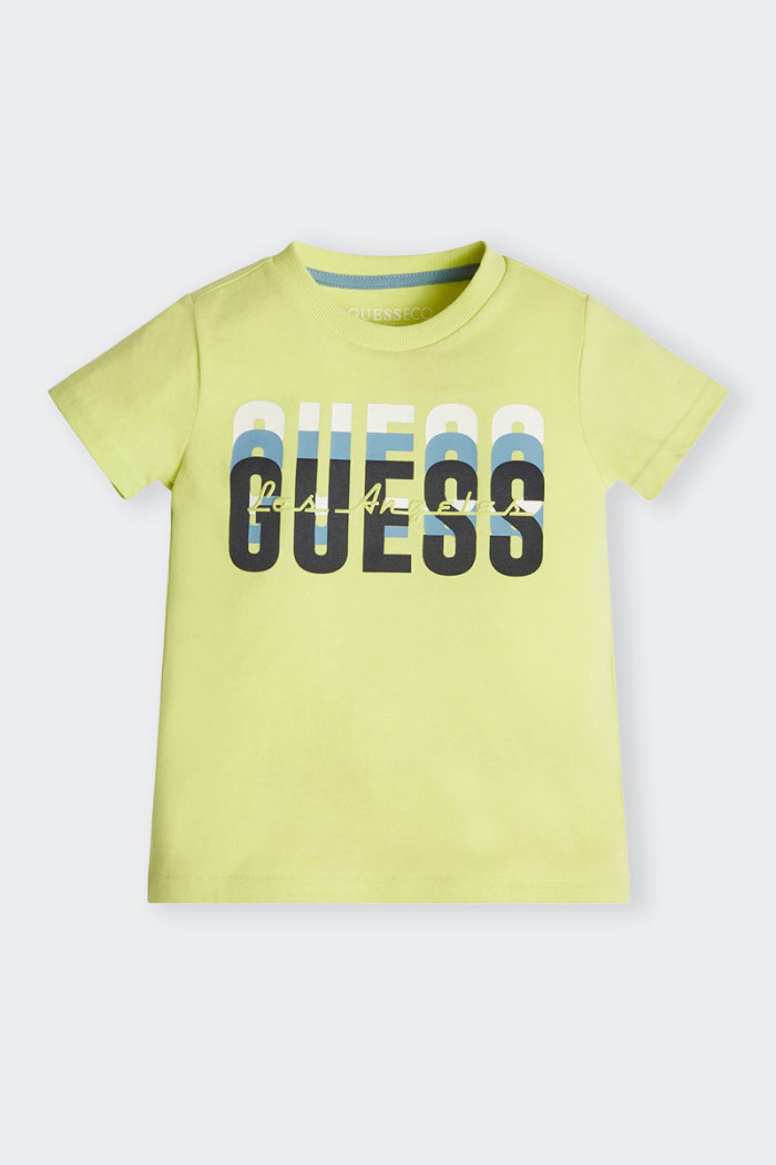 maglietta verde a maniche corte per bambino in 100% cotone con logo in contrasto stampata sul fronte. Ideale per ogni occasione 
