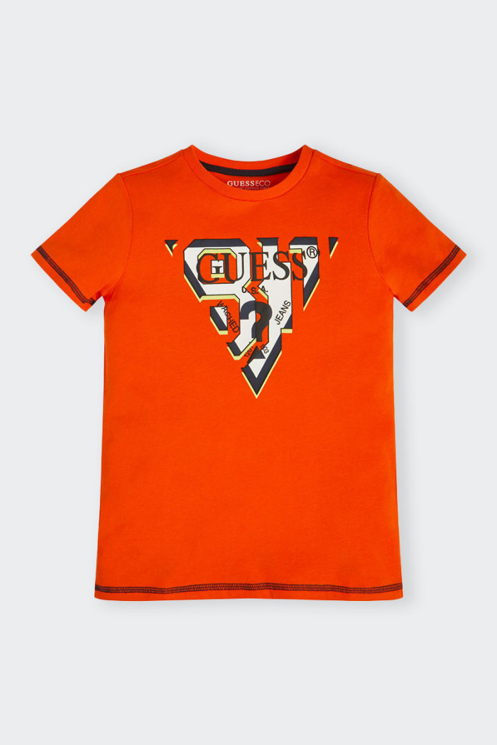 Orange short-sleeve cotton T-shirt for boys and girls with iconic logo printed on front. Contrast bottom and piping. Regular fit