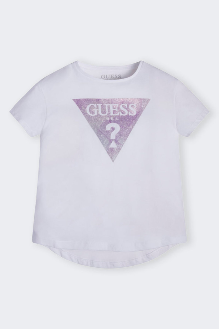 Cotton short sleeve T-shirt for girls and girls. Contrasting front logo with pretty glitter effect. Regular fit.