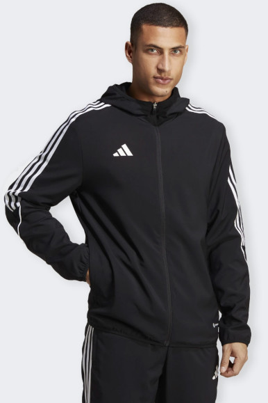 Black men's windproof hooded sweatshirt with a sporty and casual look. Mesh and water-repellent fabric lining and practical zipp