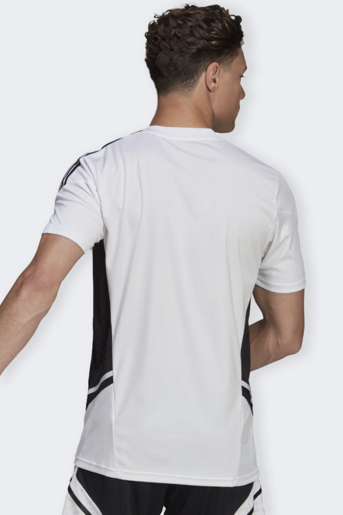 white short-sleeve sports shirt for men. v-neck and aeroready technology to let moisture breathe inside and have maggir comfort.