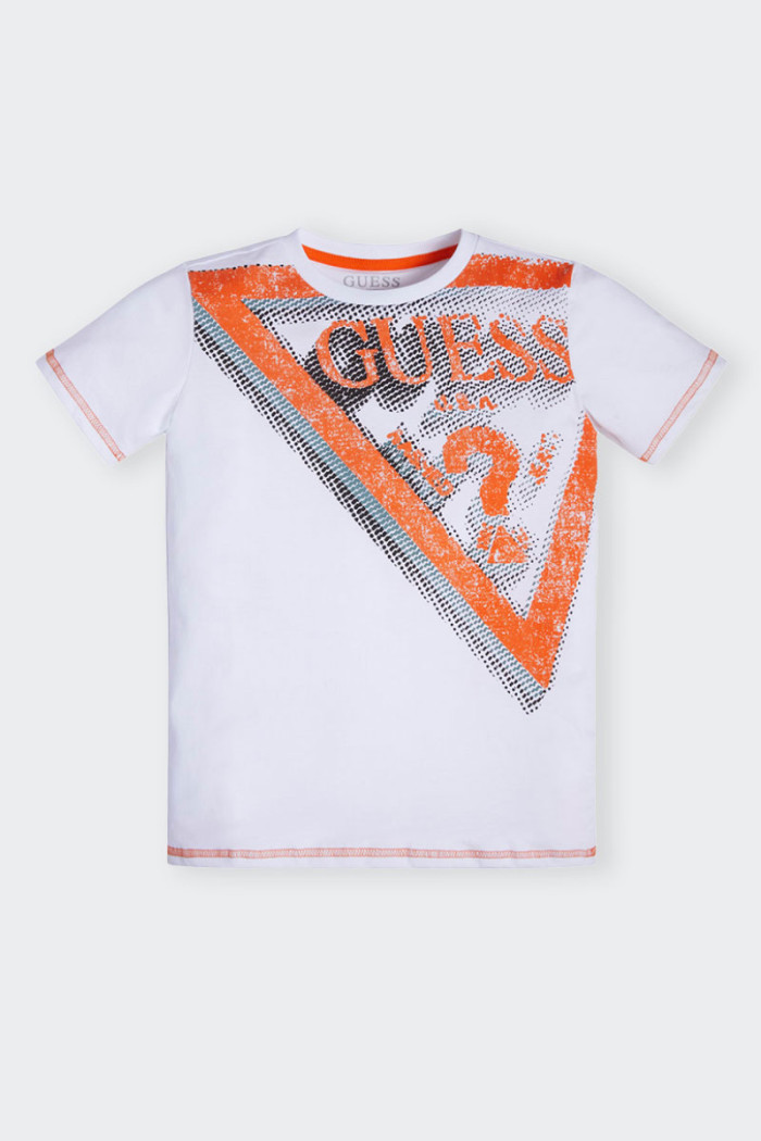 white cotton short-sleeved T-shirt for boys and girls. Street effect triangle logo printed on the front. Ideal for free or playt