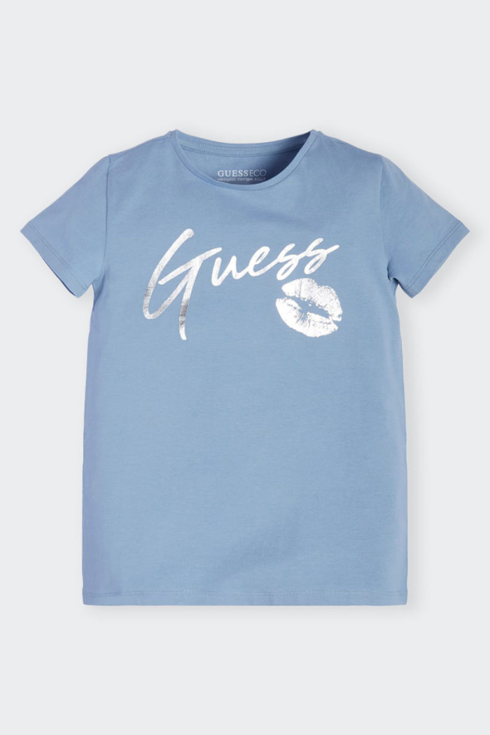 maglietta azzurra in cotone a maniche corte per bambina e ragazza a girocollo con logo e stampa disegno ad effetto metal sul fro