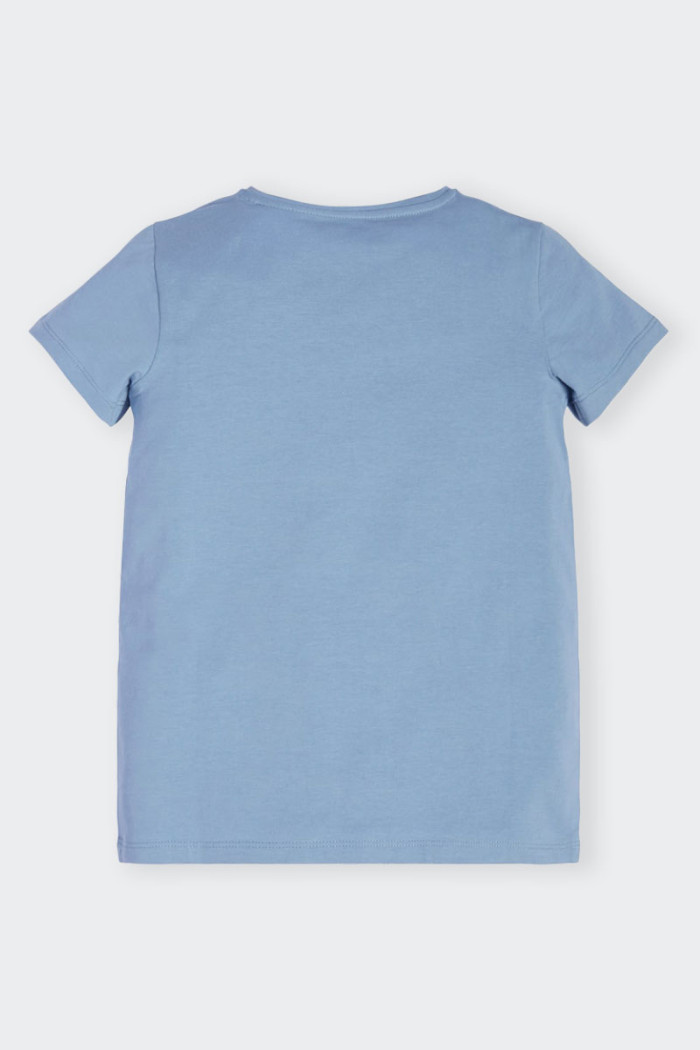 maglietta azzurra in cotone a maniche corte per bambina e ragazza a girocollo con logo e stampa disegno ad effetto metal sul fro