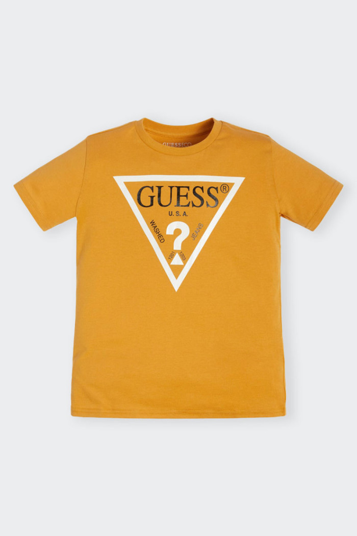 Orange cotton short sleeve T-shirt for boy and girl. Crew neck and contrasting logo print on the front for an always fashionable